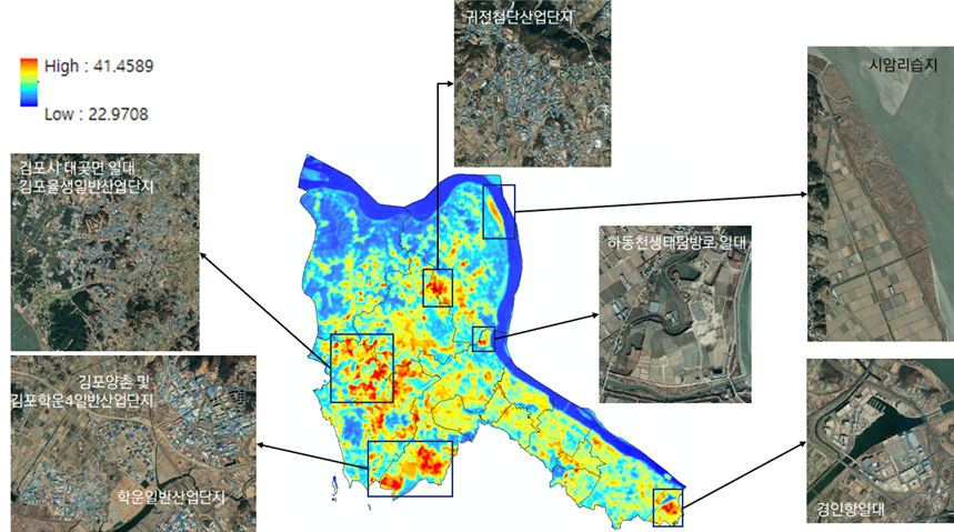 지표온도지도와 항공사진 비교 사례, 김포시.png