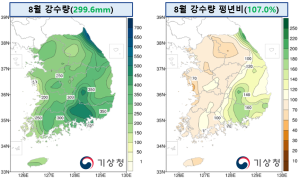 2023년 8월 평균기온 및 강수량 및 평년비(우) 분포도.png