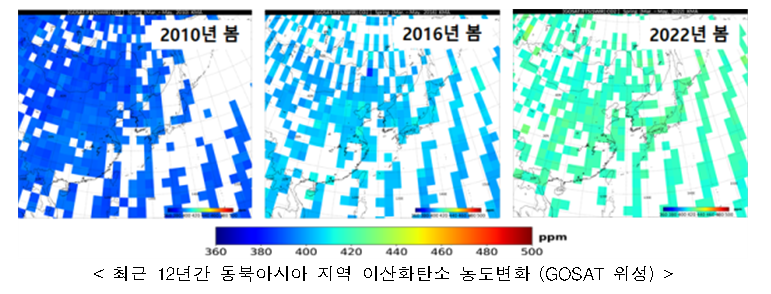 최근 12년간 동북아시아 지역 이산화탄소 농도변화 (GOSAT 위성).png